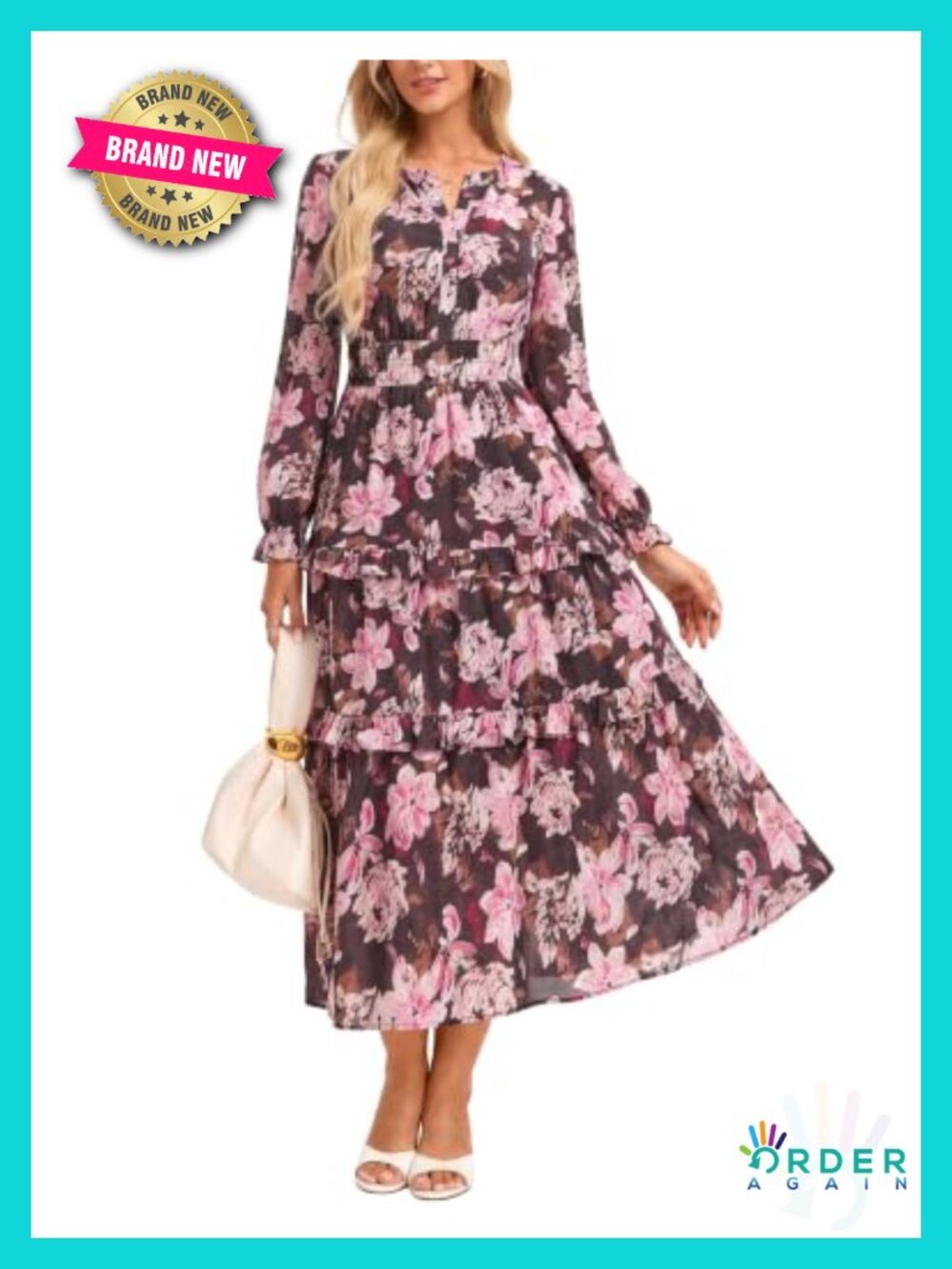 Maxi Chiffon Floral Dress Smocked Waist Tiered Hidden Pockets